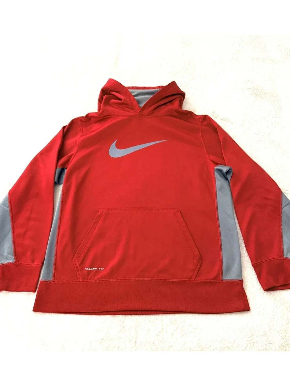 Nike Therma Fit Hoodie Youth XL Red Gray Pullover Swoosh Athletic